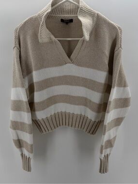 Quince Women’s Collared V-Neck Striped Cropped Sweater in Beige & White